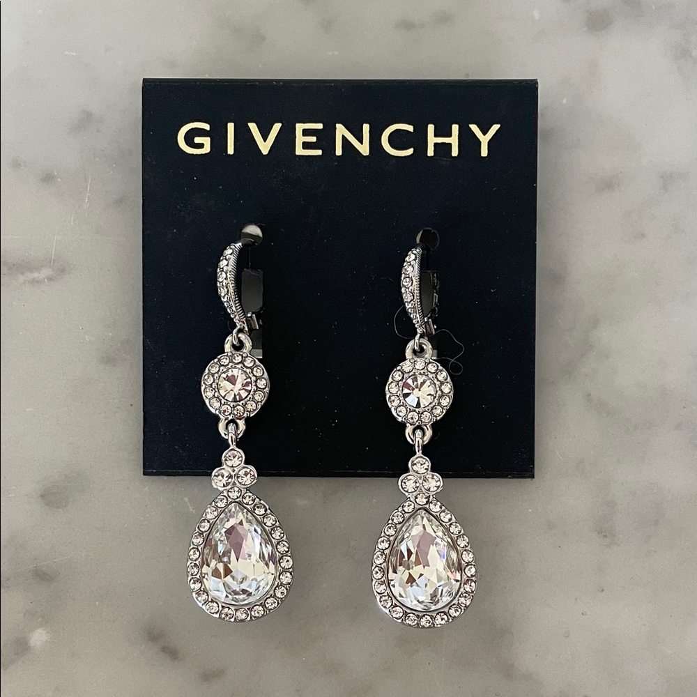 GIVENCHY Silver and Crystal Teardrop Dangle Statement Lever Earrings